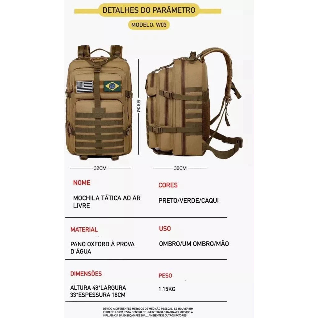 Mochila Tática 50L Alpha Gear® – Resistente à Água, Molle e Compartimento para Notebook