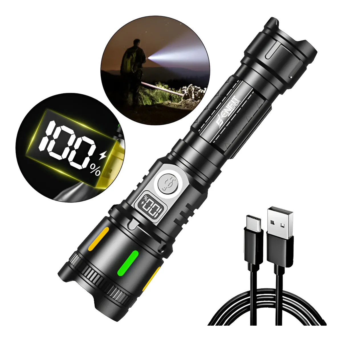 Lanterna Tática LED Zoom Alpha Gear® – 3600LM, Longo Alcance e USB com 2 Baterias