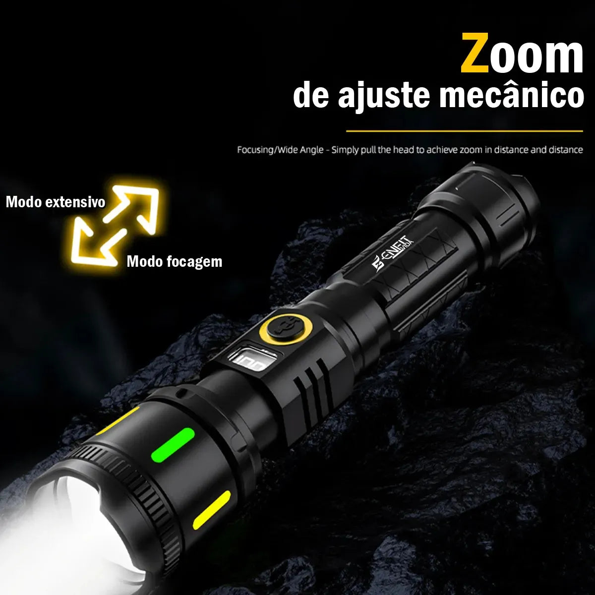 Lanterna Tática LED Zoom Alpha Gear® – 3600LM, Longo Alcance e USB com 2 Baterias