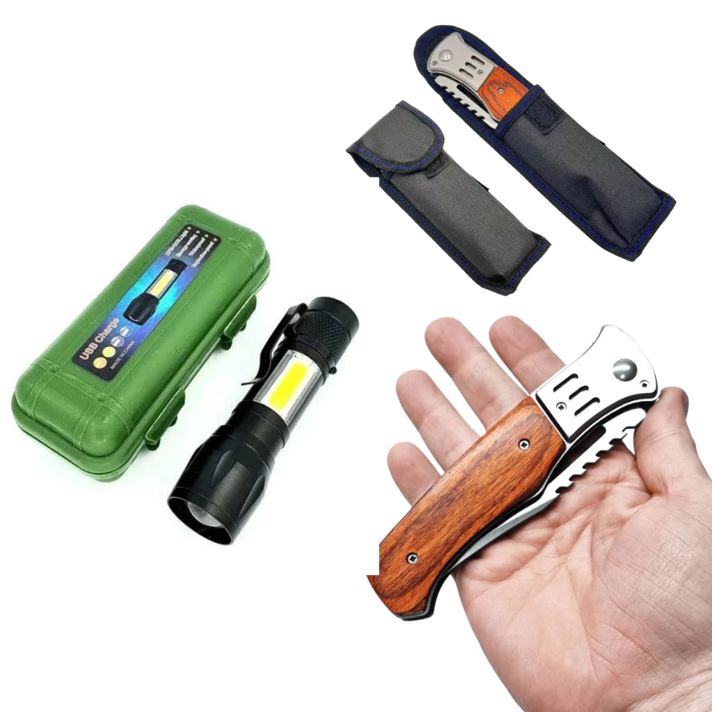 Kit Outdoor Alpha Gear® – Canivete Madeira e Mini Lanterna