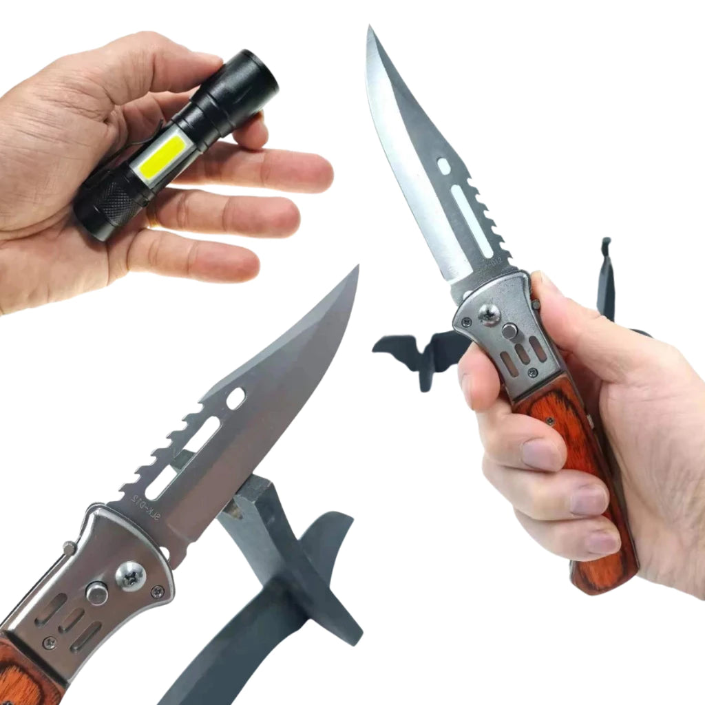 Kit Outdoor Alpha Gear® – Canivete Madeira e Mini Lanterna